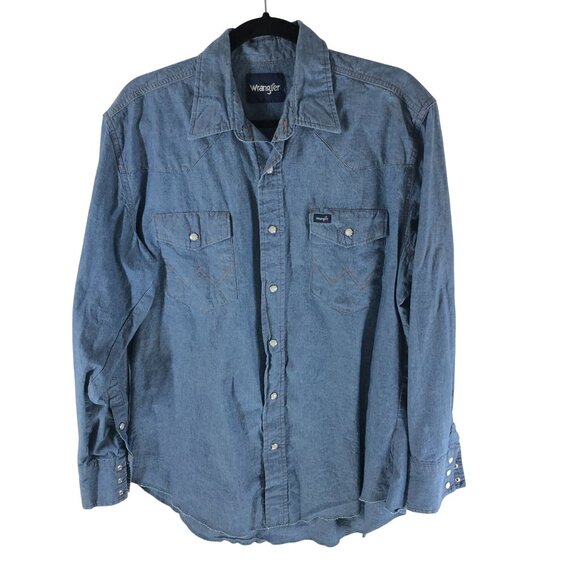 Wrangler Mens Pearl Snap Button Down Shirt Chambray Western W Pockets Blue L - Picture 1 of 4